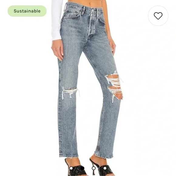 NWT AGOLDE Lana Straight Leg Jeans Denim High Rise Rips in Backdrop - Picture 4 of 16